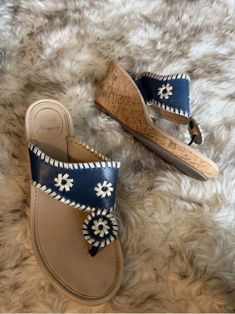 Jack Rogers Navy Blue & silver leather Wedge cork thing slip on hampton Sandals